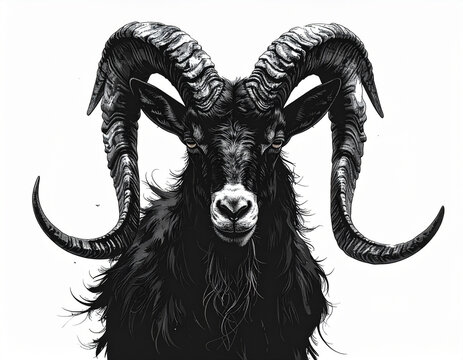 Black ram with large curled horns detailed illustration