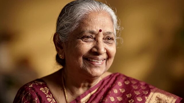 Wise Indian Elder Woman with Warm Smile and Gentle Eyes Embodies Wisdom and Experience