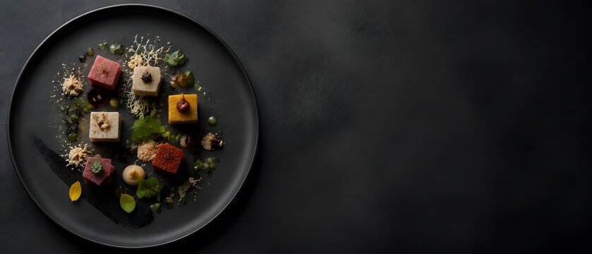 Luxury fine dining dessert gourmet degustation plate with molecular gastronomy decoration, top view