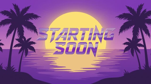 Starting Soon screen with tropical synthwave sunset mood, designed for stream intros, creator launches, and audience pre-show engagement. Looped background
