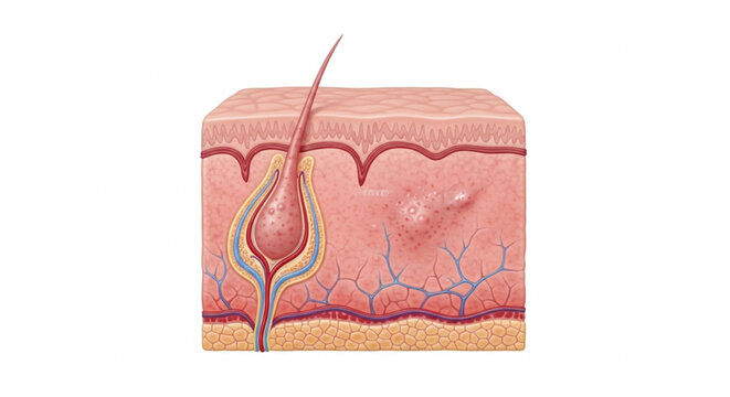 Detailed cross section of human skin showing hair follicle epidermis dermis and subcutaneous layer