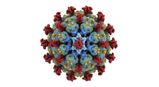 highly detailed 3d illustration of coronavirus pathogen with red and blue spike proteins and yellow nucleic acid inside
