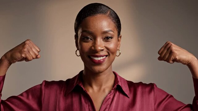Empowered Black Woman Confidently Flexes Muscles Showing Strength and Resilience on Neutral Background
