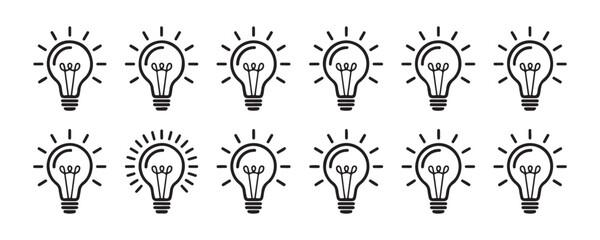 Collection of twelve different light bulb icons suggesting ideas creativity and energy on grid. © MSTGIRATUN
