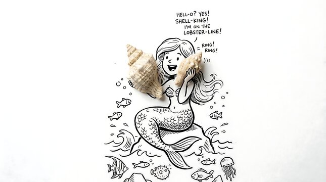 Cartoon mermaid talking on shell phone using creative doodle art with real seashell object and playful pun.