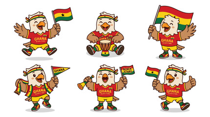 Fototapeta premium Cartoon eagle mascot celebrating with Ghanaian flags and traditional drum, representing national pride and sportsmanship