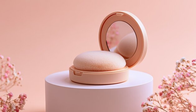 Delicate powder puff and compact on pedestal, soft pink florals