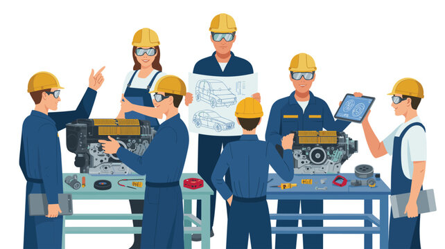Mechanics wearing safety goggles and hard hats reviewing engine blueprints and digital tablet while working on automotive parts in workshop.