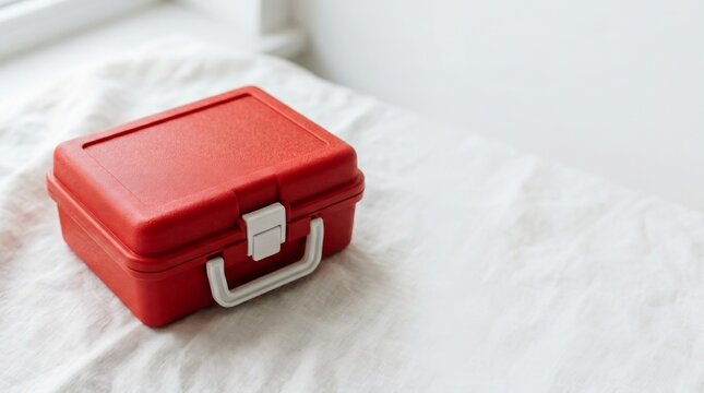 Bright Red Toolbox on a Soft White Surface in Natural Lighting