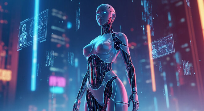 futuristic humanoid robot with glowing blue and pink accents in a high tech cityscape