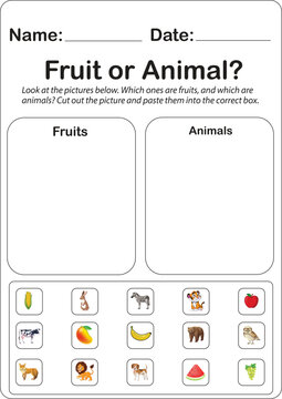 Fruit or Animal Sorting Cut and Paste Worksheet for Kids Vector Illustration