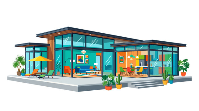 Modern house with large glass windows.
