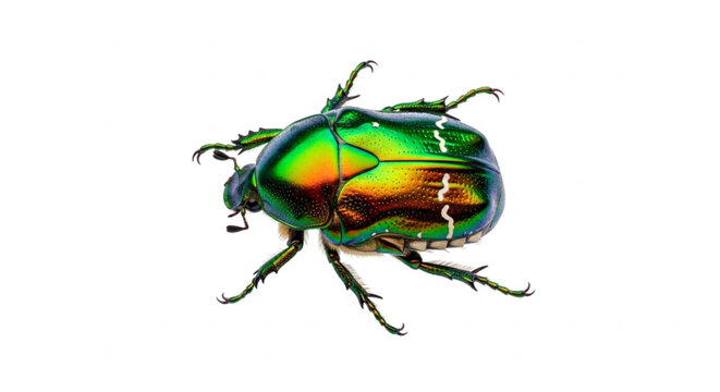 Close up of vibrant metallic green beetle with iridescent shell on white background