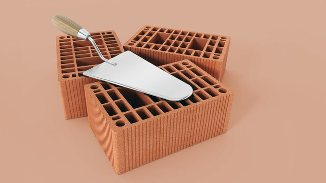 Common house bricks and hand trowel isolated on orange background. 3D illustration