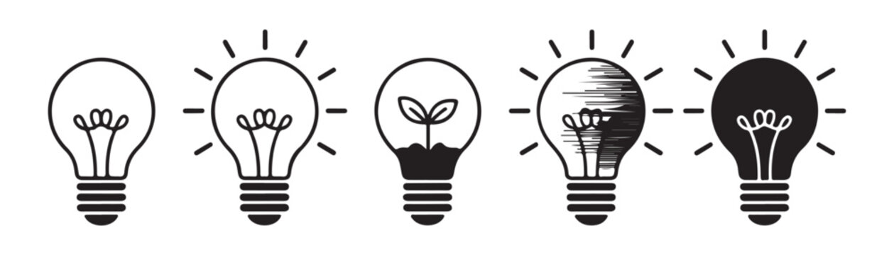 Set of light bulb icons depicting growth, environment, and ecological concepts in line and filled styles.