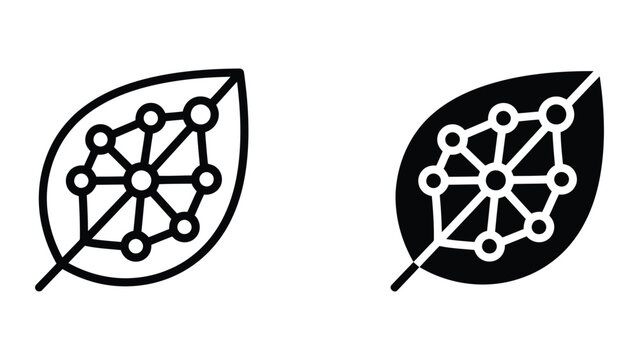 Digital leaf network node icon set featuring a symmetrical leaf shape with an interconnected circular node pattern representing natural connectivity and sustainable digital infrastructure in vector