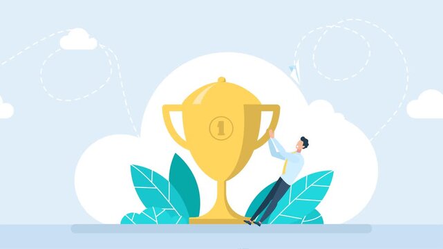 Gold cup trophy symbol icon in flat style, team support and work. Business success strategy. The concept of victory, competition, duel, fight. First place among competitors. 2d flat animation
