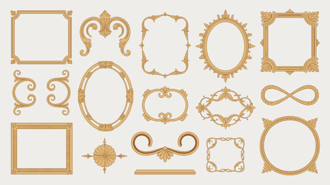 Empty ornate gold picture frames in various shapes including oval and rectangular borders for elegant art display and vintage photography.