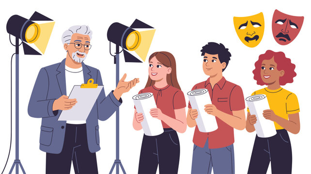 Theater director with clipboard instructing actors holding scripts with spotlights and comedy and tragedy masks in the background for performing arts or drama education.