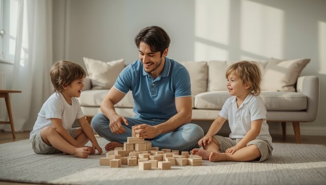 Father playing with two sons building tower with wooden blocks at home enjoying playtime indoors. Father's Day image
