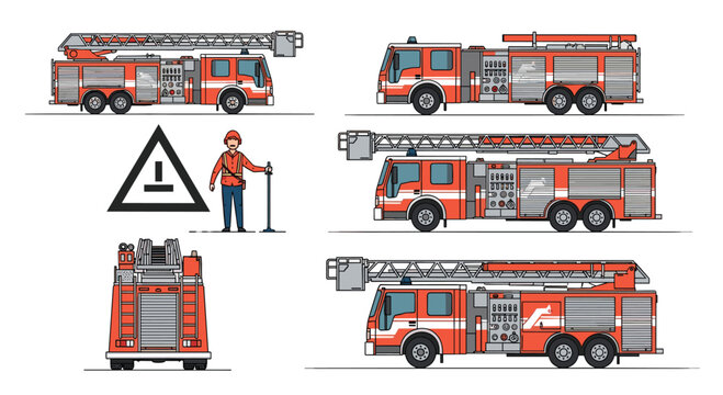 Comprehensive collection of fire truck views including side, back, and ladder extensions with a firefighter icon.