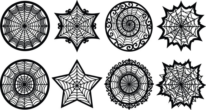 Decorative Halloween spider web frames collection featuring gothic cobweb mandalas and ornate star round borders for graphic designs