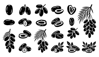 Fototapeta premium Dates Fruit Silhouette Icon Set with Whole and Cut Date Palm Fruits Vector Collection