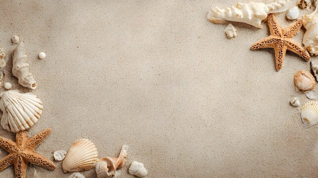 Summer beach sand background with starfish and seashell frame. Top view flat lay vacation concept with copy space for text