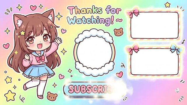 Kawaii Anime Girl Streaming End Screen Template with Pastel Aesthetic Background and Customizable Video Overlay Slots for Content Creators