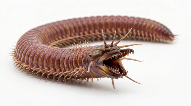 Bristle worm displays sharp mandibles and segmented body structure in this detailed macro study.