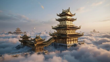 Obraz premium Majestic Multi-tiered Traditional Chinese Pagoda Surrounded by Clouds at Sunrise