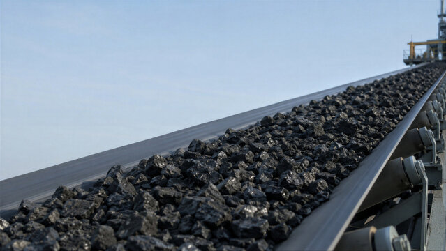 Coal moving on industrial conveyor belt at mine site. Raw fossil fuel extracted for energy production. Mineral resource transportation process for heavy mining industry and power station.
