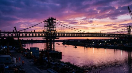 Naklejka premium Spectacular Sunset Over Suspension Bridge with Calm Water Reflection