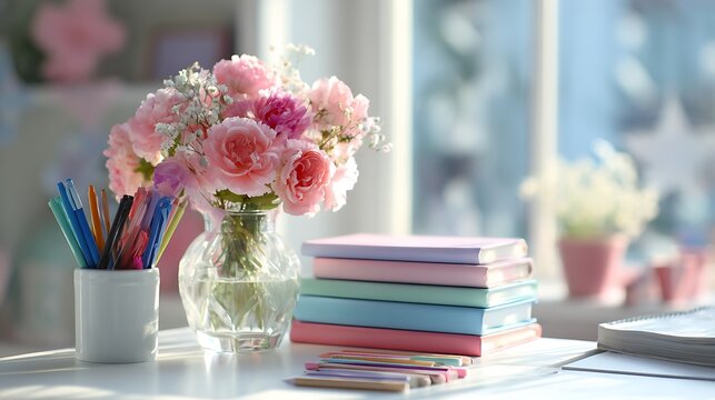 Pink Roses Flower Arrangement With Study Supplies