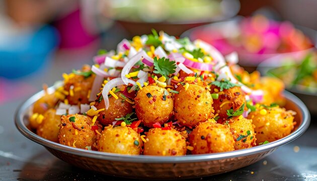 A plate of Indian street food.