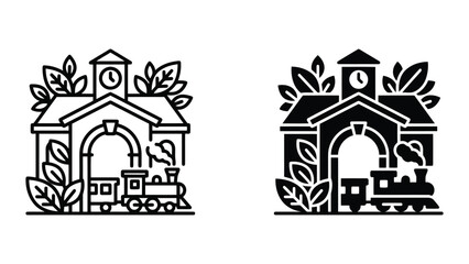 Fototapeta premium Educational building icon featuring steam locomotive train and botanical leaves in minimalist line art and solid black vector style for school transportation and eco learning concepts for children