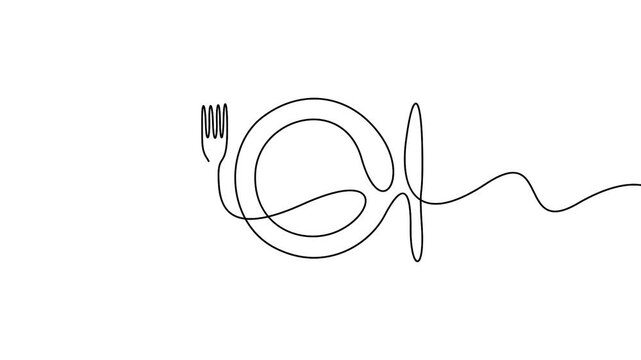 Cutlery set continuous one line art animation for restaurant branding concepts. Minimalist continuous line drawing animation of a plate, fork, and knife for dining themes.