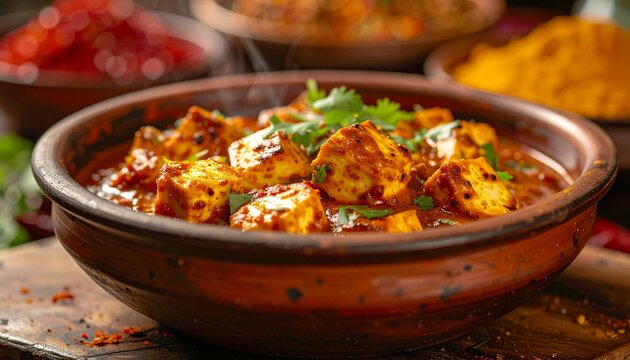 Delicious Paneer Tikka Masala served in a traditional clay bowl