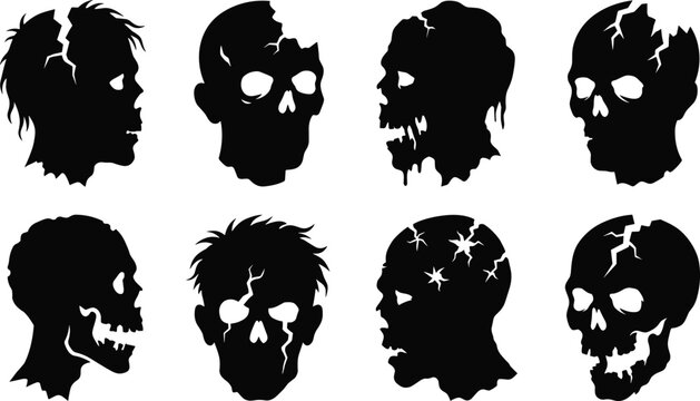 Spooky Halloween zombie head silhouettes set featuring creepy monster skulls with cracks and decay for horror design elements