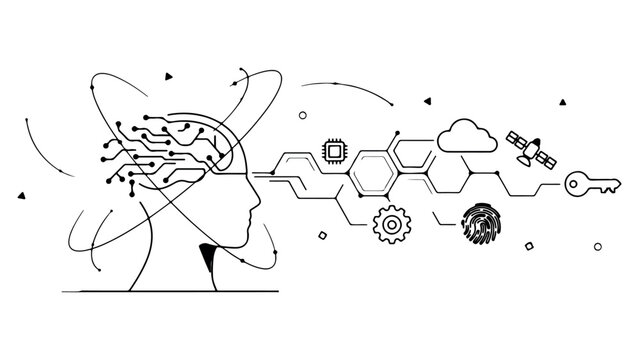 Conceptual human head profile with circuit brain connecting to technology icons including cloud computing security key fingerprint and satellite signal.