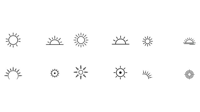 Linear sun icon set showing various styles of solar weather symbols including sunrise sunset rays and circular designs for weather forecasting apps.