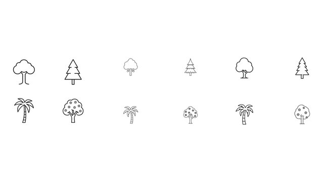 Minimalist tree line icons featuring various species like oak pine palm and fruit trees for landscaping gardening environment conservation and ecology.