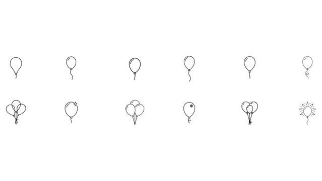 Set of black linear vector icons with balloons of various shapes and in different compositions in doodle style.