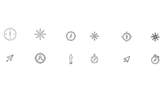 Set of black linear vector icons with compasses in various designs, including navigation elements and wind roses.