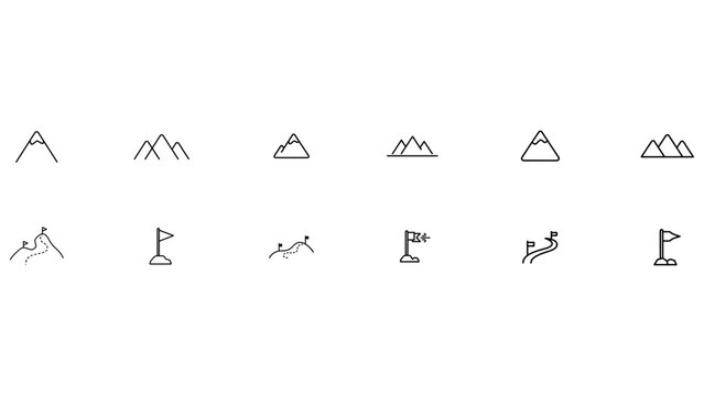 Set of black linear vector icons with mountains and flags marking achievement and goals, symbolizing success.