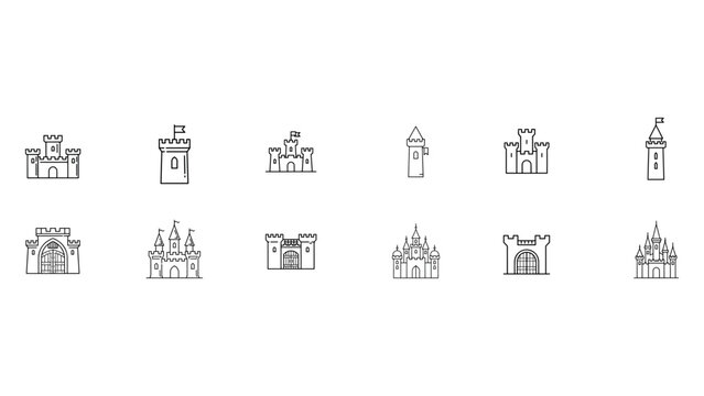 Set of castle towers and fortresses with flags and gates representing medieval architecture and fantasy kingdoms.