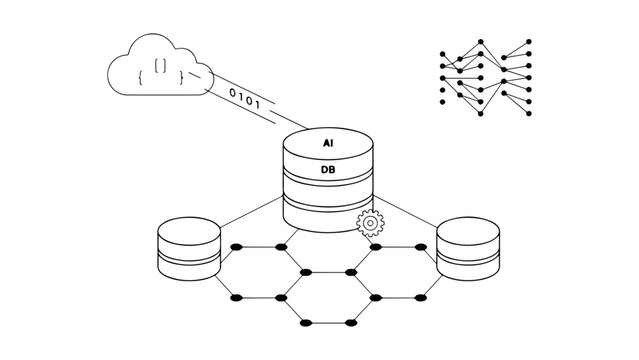 Abstract representation of AI and database systems with cloud connection, network structure, and binary code on checkered background.