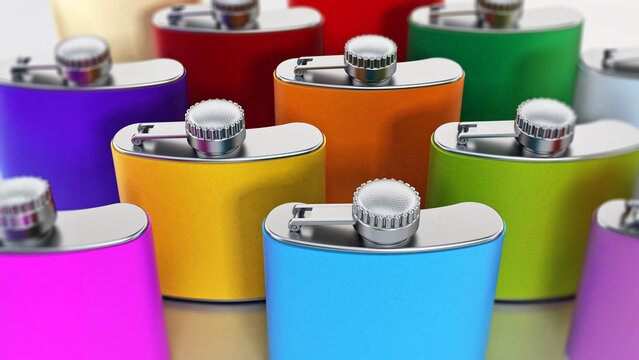 Hip flasks stack on gray surface. 3D illustration