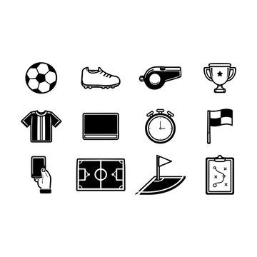Soccer and Football Line Icons Set with Ball, Trophy, Referee Whistle and Field Elements
