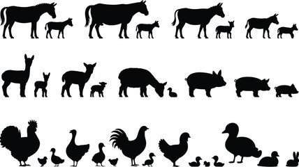 Farm animals silhouettes, baby animals vector, livestock icons, poultry illustration, rural life drawing, educational farm chart, cad drawing flat vector illustration © Priyadarshi
